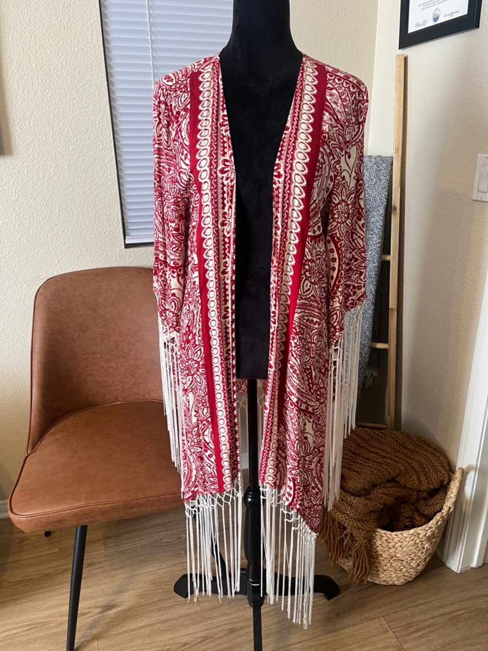 Millau Red and Cream Paisley Fringe Kimono Fringed Kimono Duster Paisley
